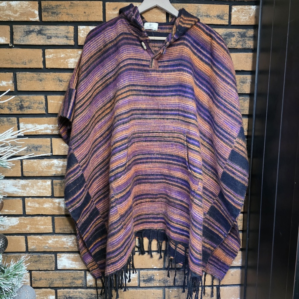 Ark Imports Soft Striped Hooded Poncho‎ Cape Warm Kangaroo Pouch Made In Nepal